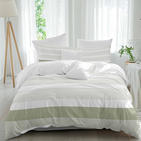 3 Piece Sage Green Stripe Duvet Cover Set Queen Size,Microfiber Comforter/Quilt Cover with Corner Ties and 2 Pillowcases,Modern Rustic Horizontal Green Striped All Season Bedding with Zipper Closure