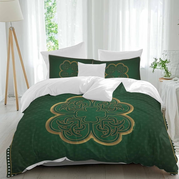 3 Piece Saint Patrick's Day Duvet Cover Set Full Size,Microfiber Comforter/Quilt Cover with Corner Ties and 2 Pillowcases,Green Lucky Grass Vintage Abstract Art All Season Bedding with Zipper Closure