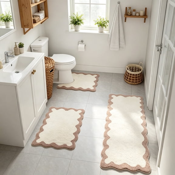 3 Piece Scalloped Edge Bath Mat Set, Soft Fluffy Absorbent Bathroom Rugs with Non Slip Backing, Includes Toilet Rug and Runner, 18"x24"+18"x20"+18"x47"