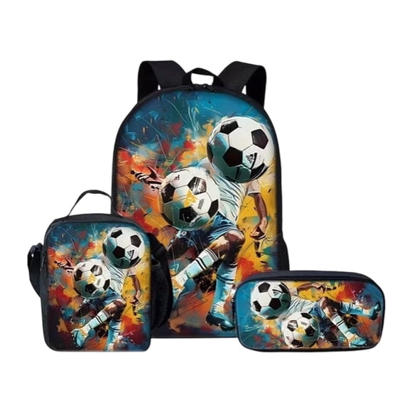 3 Piece School Bag Set for Boys Girls, Cartoon Soccer Backpack with Lunch Bag & Pencil Case, Large Capacity Lightweight Durable Polyester Bookbag for Elementary Middle School Students
