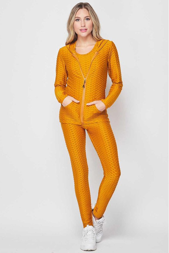 3 Piece Scrunch Butt Leggings Tank Top and Hooded Jacket Set Mustard S/M