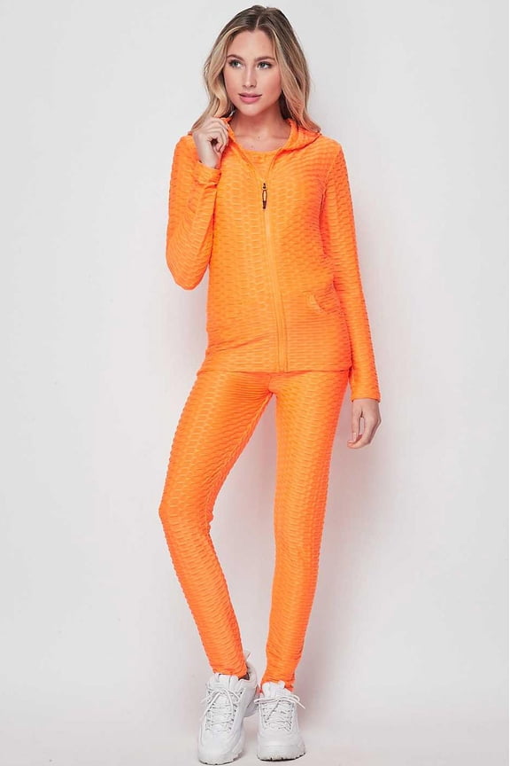 3 Piece Scrunch Butt Leggings Tank Top and Hooded Jacket Set Neon Orange S/M