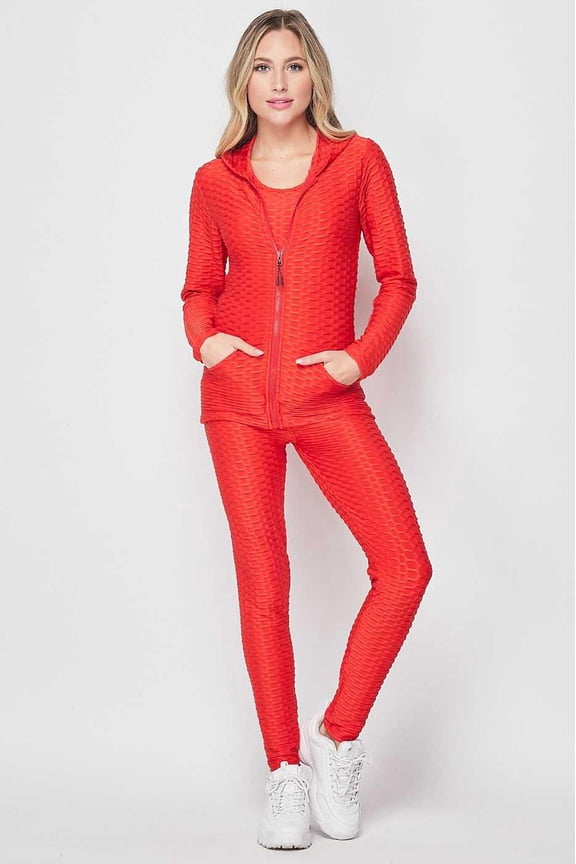 3 Piece Scrunch Butt Leggings Tank Top and Hooded Jacket Set Red S/M