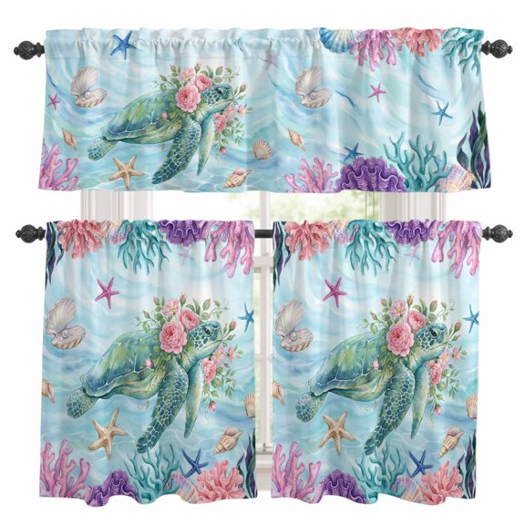 3 Piece Sea Turtles Kitchen Curtain Valance and Tiers Set Pink Flower Shell Starfish Coral Ocean Watercolor Rod Pocket Tier Curtain 36 Inch Small Window Drapes for Living Room Bedroom Cafe Home Decor
