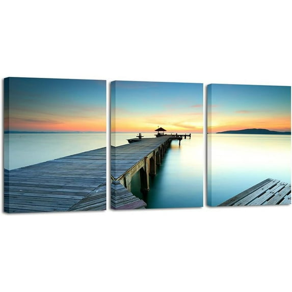 3 Piece Seascape Canvas Prints Wall Art Sunset Ocean Beach Pictures Paintings for Kitchen Bedroom Home Wall Decorations Bridges over the Sea Modern Stretched and Framed Giclee Artwork