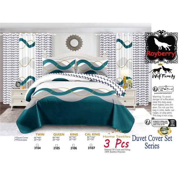 3 Piece All Season Comforter Set, Teal and White Geometric Bedding with Wavy Line Print, Bamboo Polyester Filling, Reversible & Machine Washable (CAL KING)