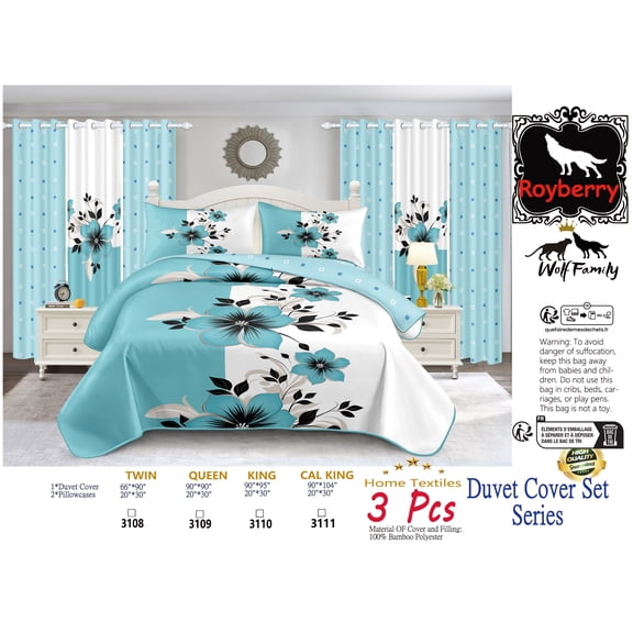 3 Piece All Season Comforter Set, Turquoise and White Floral Bedding with Flower Print, Bamboo Polyester Filling, Reversible & Machine Washable (CAL KING)