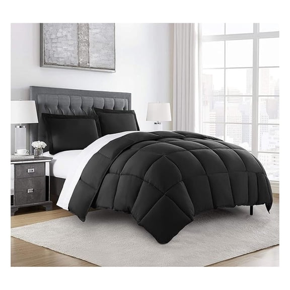 3-Piece All Season Oversized Queen Comforter Set Black, Soft Quilted Down Alernative Duvet Insert with Corner Tabs, Lightweight Microfiber Bedding, 92 x 96 Inches
