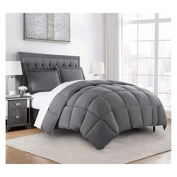 3-Piece All Season Queen Comforter Set Gray, Soft Quilted Down Alernative Duvet Insert with Corner Tabs, Lightweight Microfiber Bedding, 88 x 88 Inches