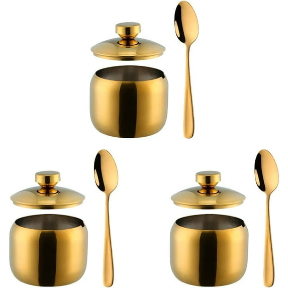 3-Piece Seasoning Box with Spoon and Lid 304 Stainless Steel Condiment Canisters Pots Seasoning Jars for Spice Salt Sugar-Gold