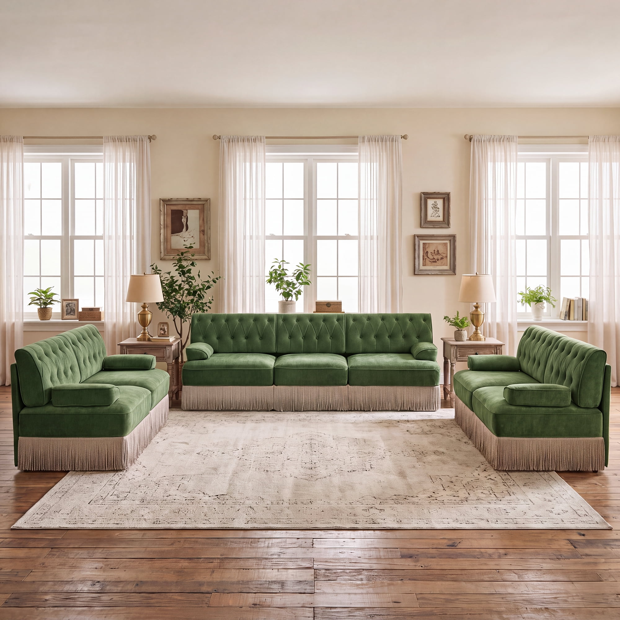 3‑Piece Sectional Sofa Set, 2 Pcs Loveseat & 1 Pcs 106" 3‑Seater Sofa Couch Set with Tassel Skirt