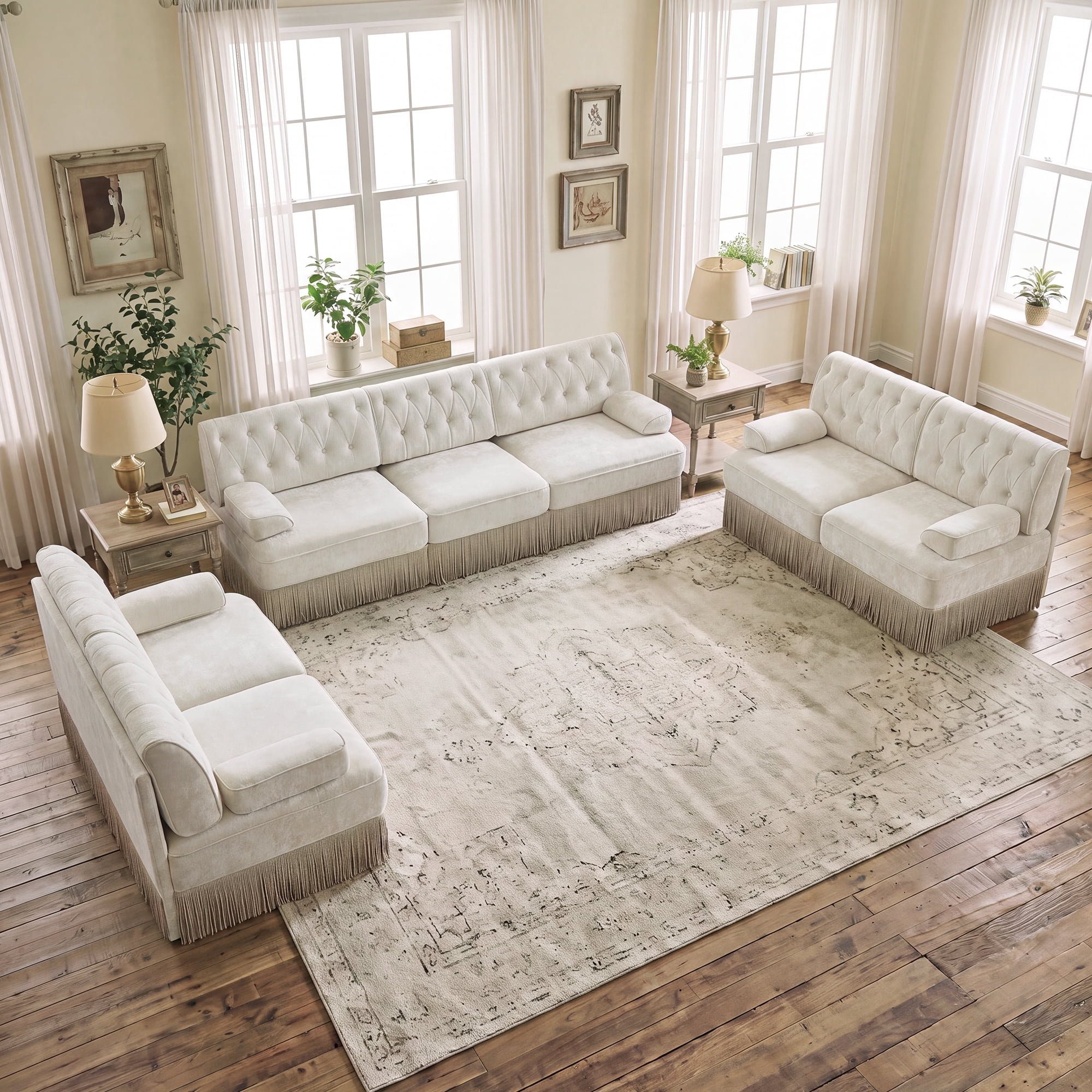 3‑Piece Sectional Sofa Set, 2 Pcs Loveseat & 1 Pcs 106" 3‑Seater Sofa Couch Set with Tassel Skirt