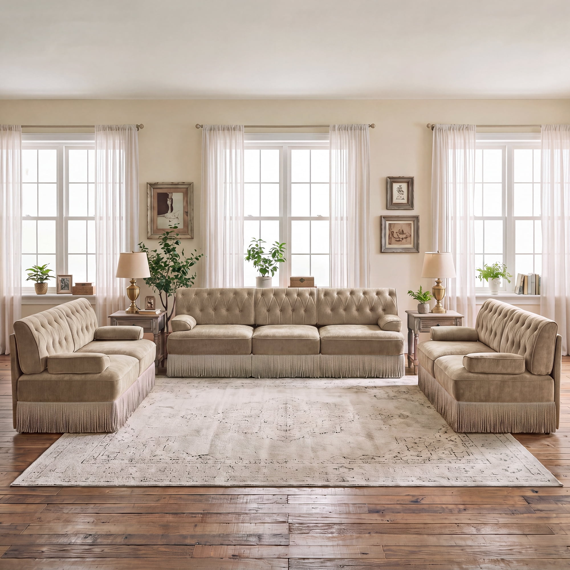 3‑Piece Sectional Sofa Set, 2 Pcs Loveseat & 1 Pcs 106" 3‑Seater Sofa Couch Set with Tassel Skirt
