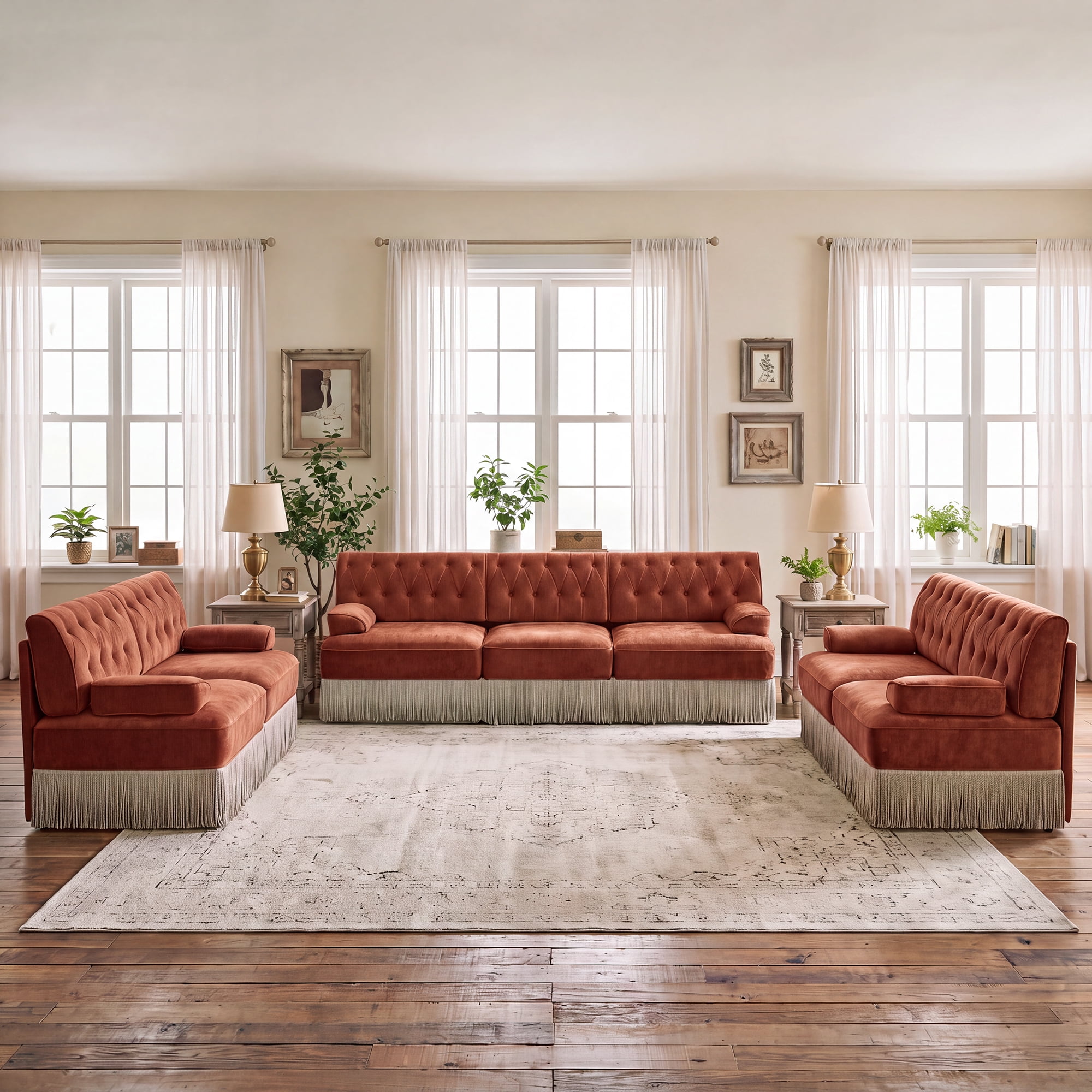 3‑Piece Sectional Sofa Set, 2 Pcs Loveseat & 1 Pcs 106" 3‑Seater Sofa Couch Set with Tassel Skirt