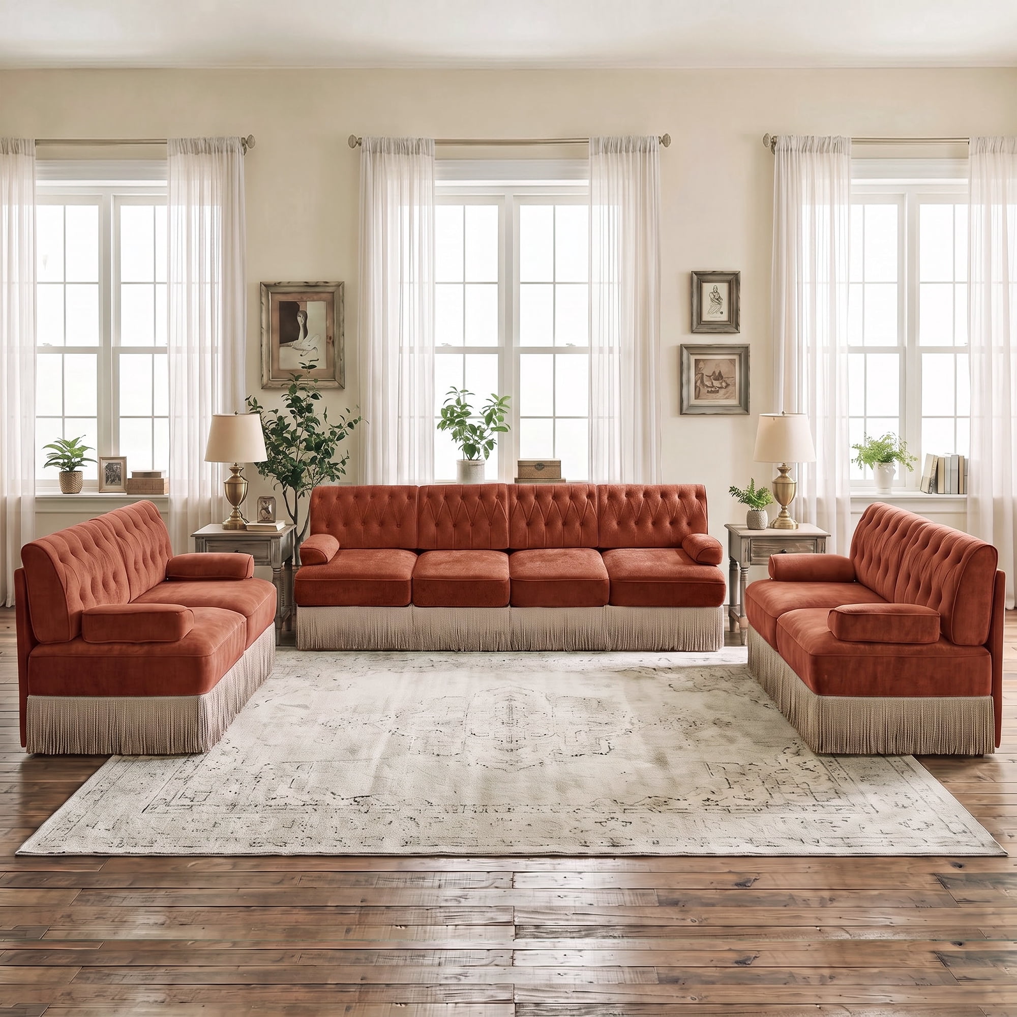 3‑Piece Sectional Sofa Set, 2 Pcs Loveseat & 1 Pcs 135" 4‑Seater Sofa Couch Set with Tassel Skirt