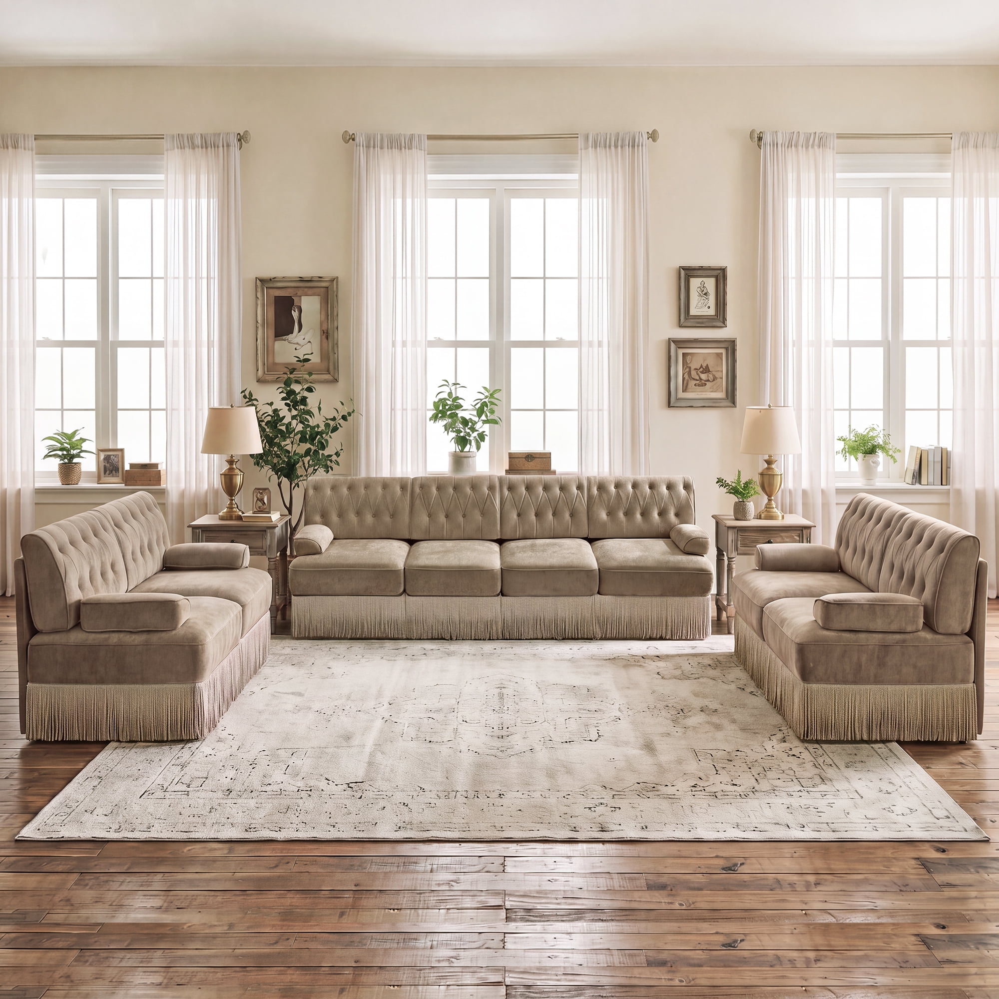 3‑Piece Sectional Sofa Set, 2 Pcs Loveseat & 1 Pcs 135" 4‑Seater Sofa Couch Set with Tassel Skirt