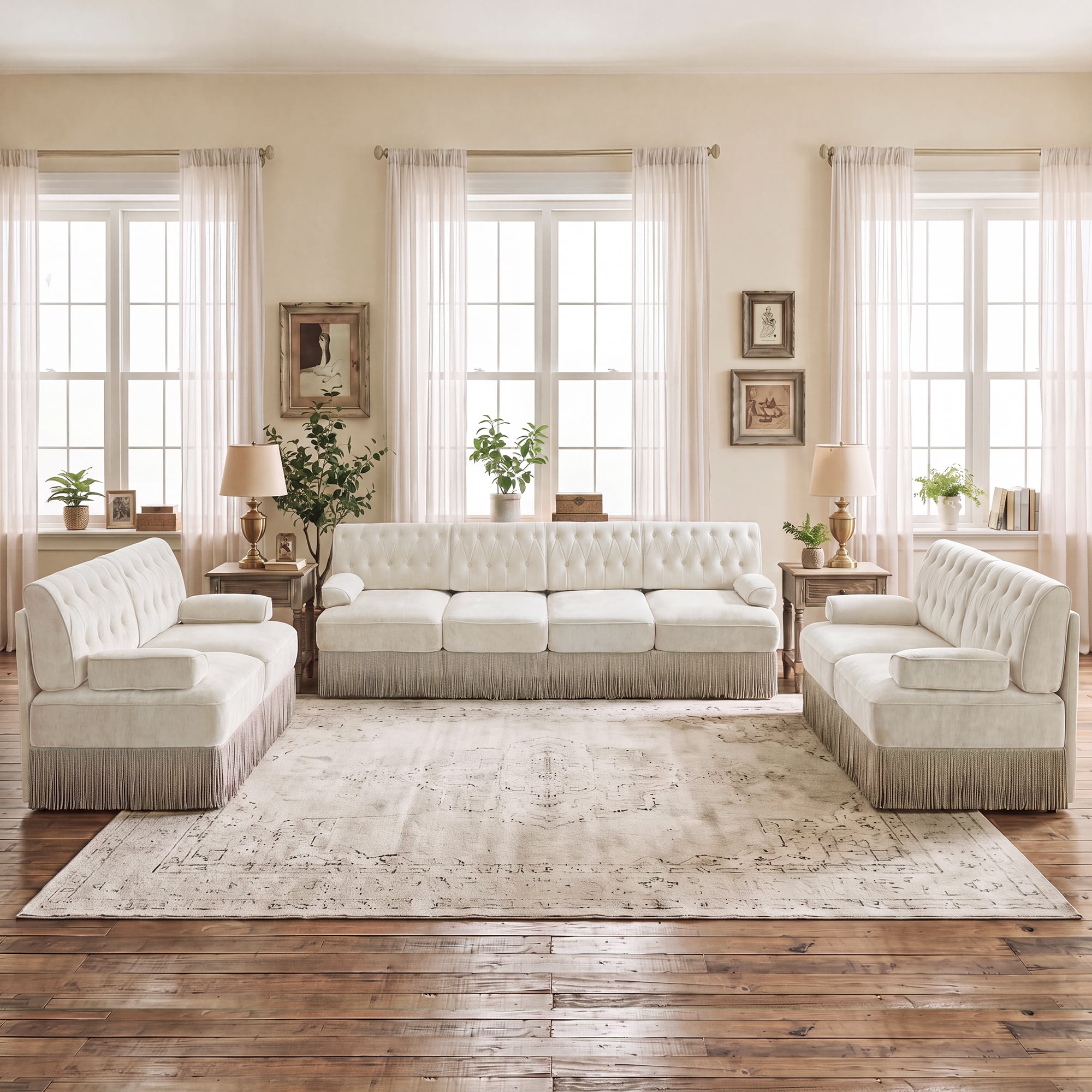 3‑Piece Sectional Sofa Set, 2 Pcs Loveseat & 1 Pcs 135" 4‑Seater Sofa Couch Set with Tassel Skirt