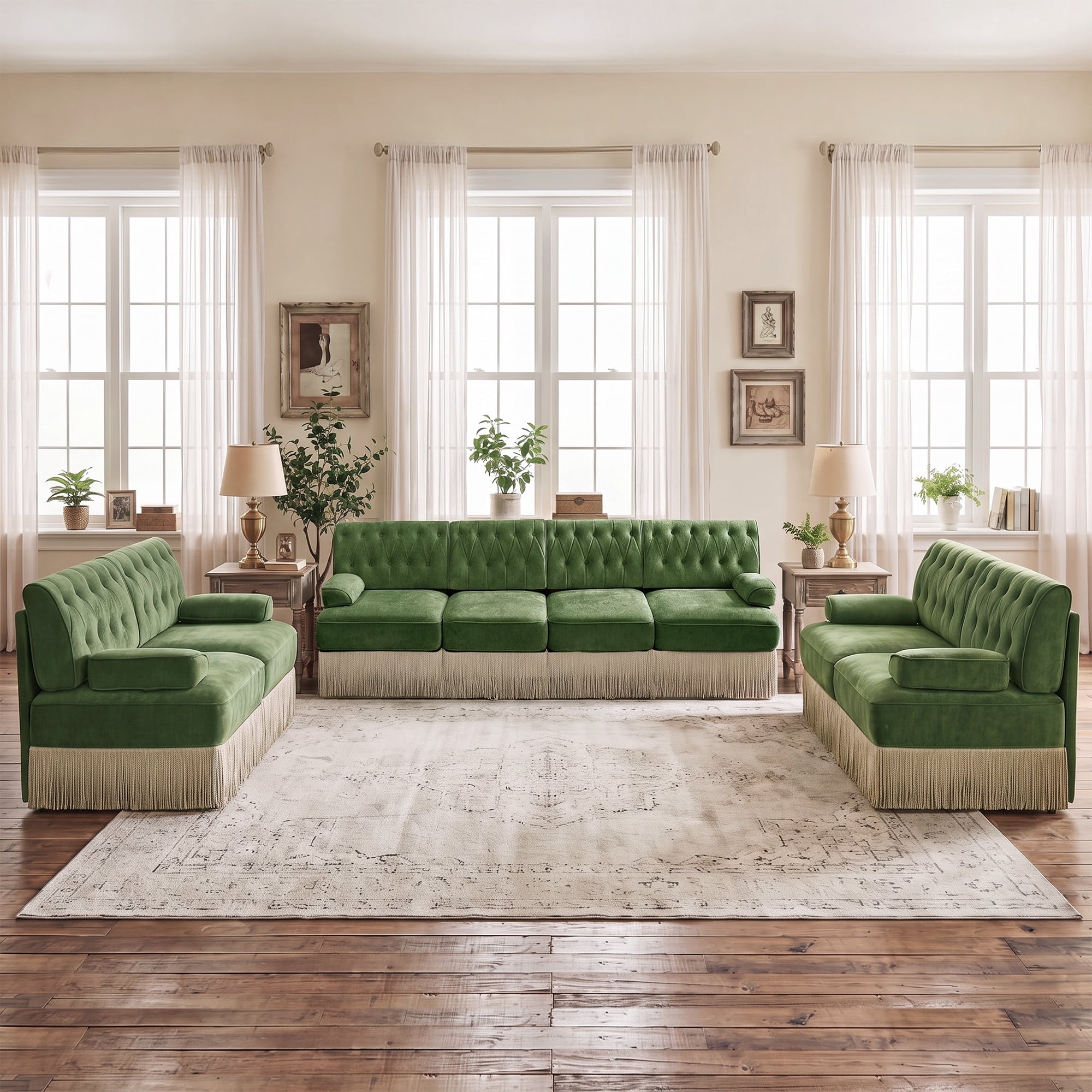 3‑Piece Sectional Sofa Set, 2 Pcs Loveseat & 1 Pcs 135" 4‑Seater Sofa Couch Set with Tassel Skirt