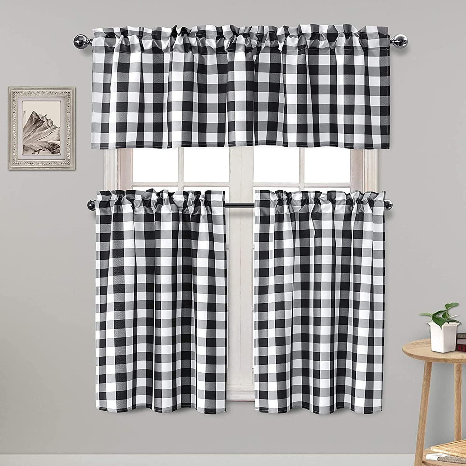 3 Piece Semi Sheer Black Kitchen Curtains Light Filtering Buffalo Checkered Tier and Valance ...