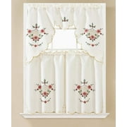 3 Piece Semi Sheer Embroidery Flowers Kitchen/Café Window Curtain Tier and Valance Set
