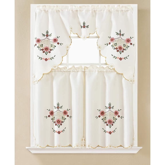 3 Piece Semi Sheer Embroidery Flowers Kitchen/Café Window Curtain Tier and Valance Set