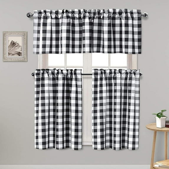 3 Piece Semi Sheer Kitchen Curtains - Light Filtering Buffalo Plaid Tier and Valance Window Curtains Set, Black and White, 52 W x 18 L (1 Panel) + 26 W x 24 L (2 Panels)