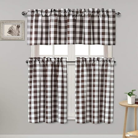 3 Piece Semi Sheer Kitchen Curtains - Light Filtering Buffalo Plaid Tier and Valance Window Curtains Set, Coffee and White, 52 W x 18 L (1 Panel) + 26 W x 36 L (2 Panels)