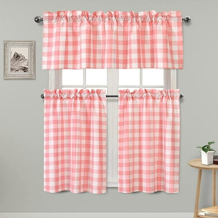 3 Piece Semi Sheer Kitchen Curtains - Light Filtering Buffalo Plaid Tier and Valance Window Curtains Set, Pink and White, 52 W x 18 L (1 Panel) + 26 W x 24 L (2 Panels)