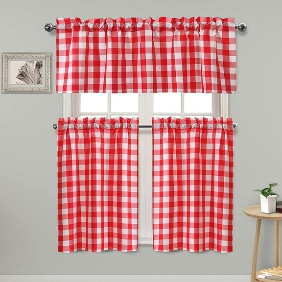 3 Piece Semi Sheer Kitchen Curtains - Light Filtering Buffalo Plaid Tier and Valance Window Curtains Set, Red and White, 52 W x 18 L (1 Panel) + 26 W x 24 L (2 Panels)