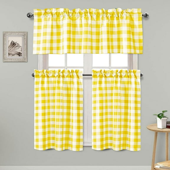 3 Piece Semi Sheer Kitchen Curtains - Light Filtering Buffalo Plaid Tier and Valance Window Curtains Set, Yellow and White, 52 W x 18 L (1 Panel) + 26 W x 24 L (2 Panels)