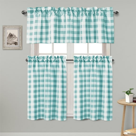 3 Piece Semi Sheer Kitchen Curtains - Light Filtering Buffalo Plaid Tier and Valance Window Curtains Set, Aqua and White