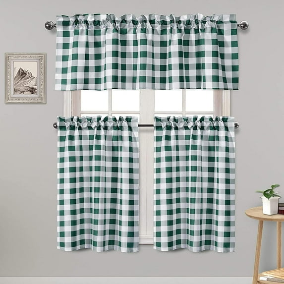 3 Piece Semi Sheer Kitchen Curtains - Light Filtering Buffalo Plaid Tier and Valance Window Curtains Set, Forest Green and White