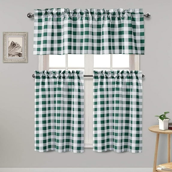 3 Piece Semi Sheer Kitchen Curtains - Light Filtering Buffalo Plaid Tier and Valance Window Curtains Set, Forest Green and White