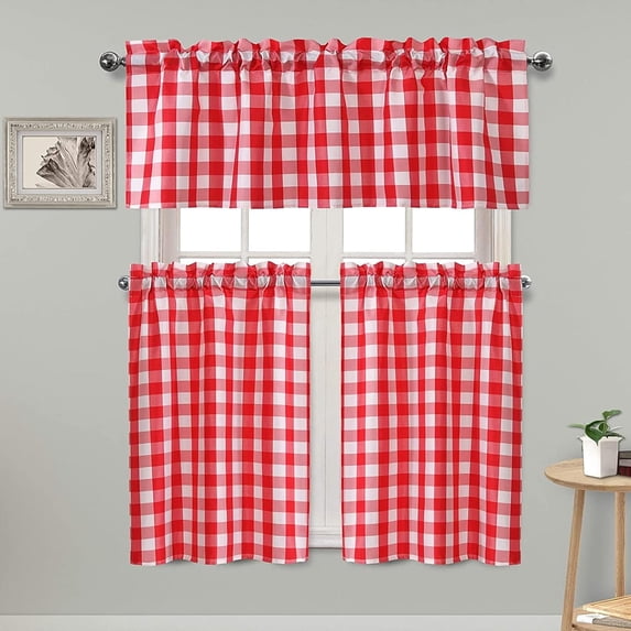 3 Piece Semi Sheer Kitchen Curtains - Light Filtering Buffalo Plaid Tier and Valance Window Curtains Set, Red and White