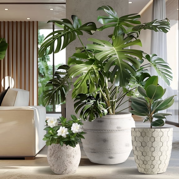 [3-Piece Set] 17/12/9 Inch Modern Concrete Planters - with Drainage Holes & Rubber Plugs, Heavy-Duty Indoor/Outdoor Flower Pots  (SH007)