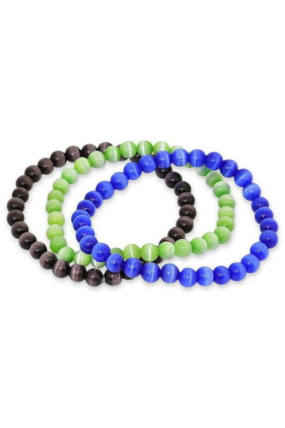 3 Piece Set 6mm Cats Eye Purple, Blue and Green Stretch Bracelets