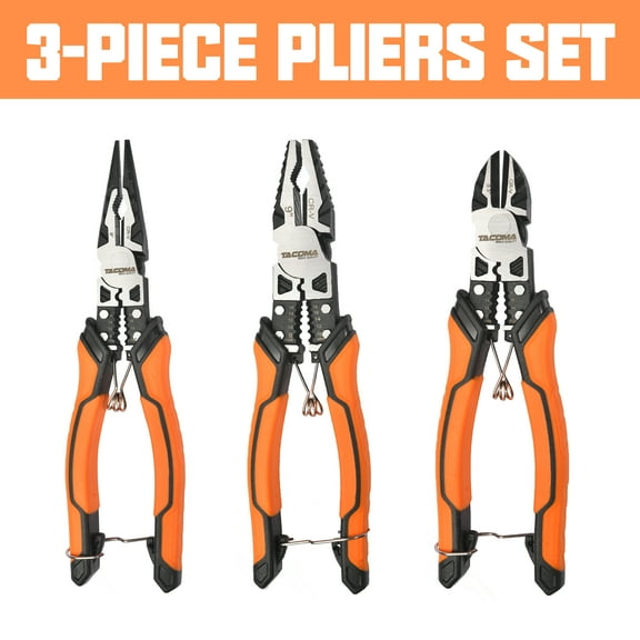3-Piece Set 9-in-1 Multi-Purpose Pliers With 8.5' Wire Cutters, 8.5' Long Nose Pliers, 8' Diagonal Nose Pliers, Industrial Grade Pliers, CRV Steel, TPR Ergonomic Grips For Electricians