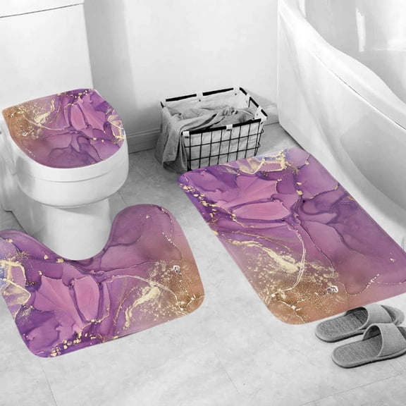 3 Piece Set Bathroom Rugs Toilet Mats Purple Gold Marbling Pattern Soft Absorbent Non-Slip Backing Mat Memory Foam Rug