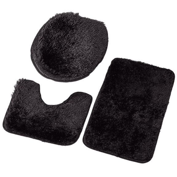 3-Piece Set Black Bathroom Rugs, Non Slip Plush Bath Mats, U-Shaped Toilet Lid Cover Contour Rug, Super Absorbent Polyester
