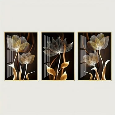 3-Piece Set, Black and Gold Floral Wall Art Canvas Painting for Living Room Decoration - Modern Abstract Design, No Frame Needed