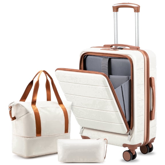 3 Piece Set Carry-On Luggage, Hardside TSA Lock Spinner Suitcase with Travel Bag and Toiletry Bag,White