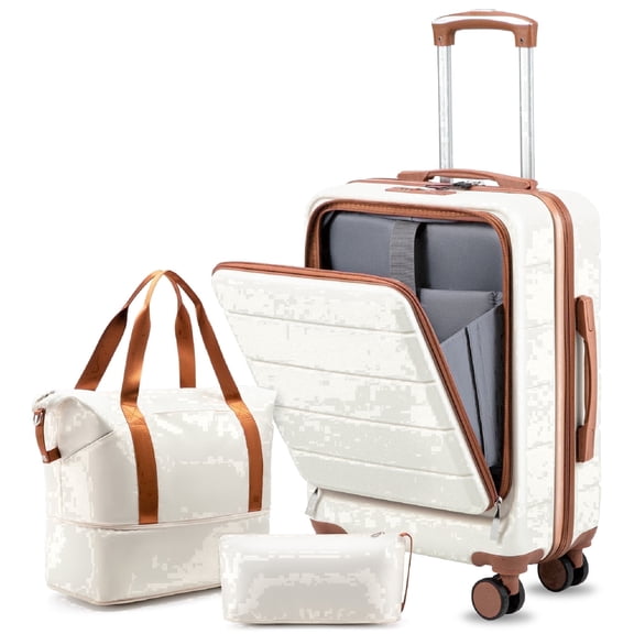 3 Piece Set Carry-On Expandable Luggage Hardside TSA Lock Spinner Suitcase with Travel Bag and Toiletry Bag,White,Mother's Day Gift