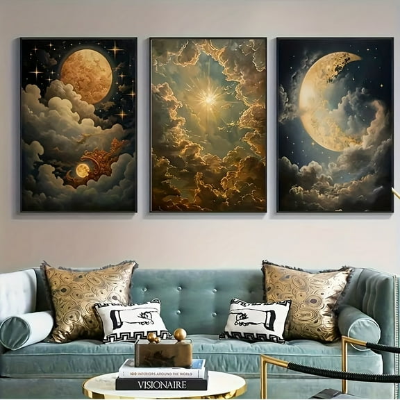 3-Piece Set Celestial Sun Moon Cloud Canvas Art Poster - Frameless Modern Living Room Wall Decoration, Indoor Canvas Print, Frameless, Moon Decoration