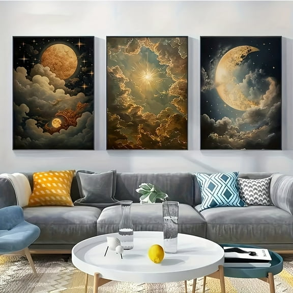 3-Piece Set Celestial Sun Moon Cloud Canvas Art Poster - Frameless Modern Living Room Wall Decoration, Indoor Canvas Print, Frameless, Moon Decoration