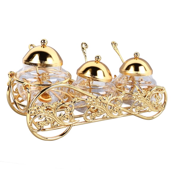 3 Piece Set European Style Gold Sugar Jar with Lid Spoon Polished Glass Seasoning Condiment Pot for Hotels Restaurant