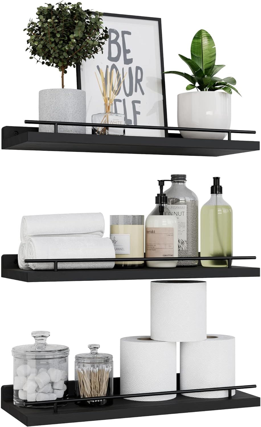 3-Piece Set Floating Shelving Unit With Black Metal Railing, Suitable For Bedrooms, Bathrooms, Kitchens, Living Rooms, Black