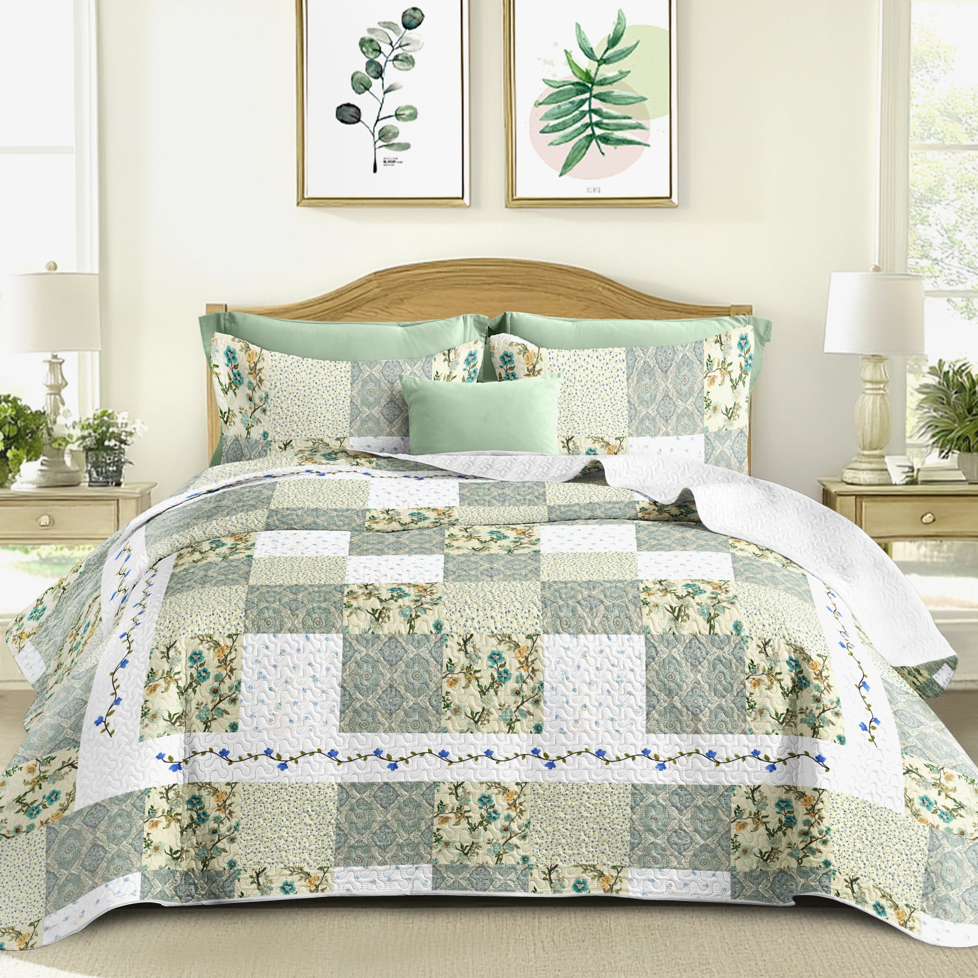 Tritard 3 Piece Green King Bedspreads and Comforters Bedding Patchwork