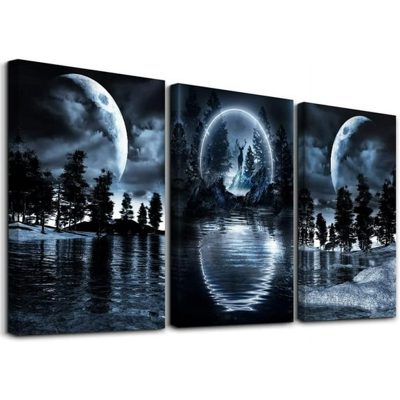 3 Piece Set Framed Canvas Wall Art For Living Room Fashion Wall Decor For Bedroom Moonlight Forest Scenery Wall Paintings Wall Decorations For Office Poster Wall Pictures Artwork Room Home Decor