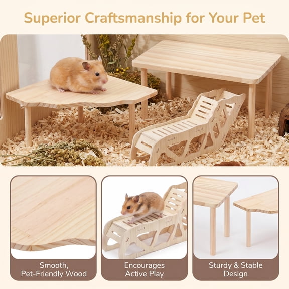 3-Piece Set Hamster Platform Play Wooden, Multi-Shape Elevated Climbing Stand Hideout Decor for Dwarf Syrian Hamsters Gerbils Mice Small Rodent Pets