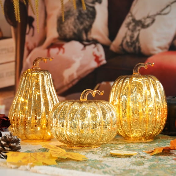3 Piece Set of Illuminated Gold - Crackle Glass Harvest Pumpkin Decorations with LED Lights – Battery - Operated Autumn Centerpieces for Fall & Thanksgiving